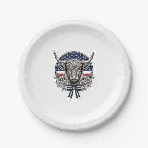 Patriotic Highland Cow Vintage Engraving Art_1 Paper Plates