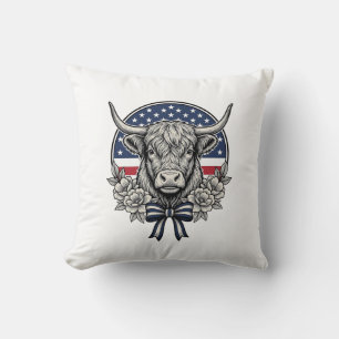 Patriotic Highland Cow Vintage Engraving Art_1 Throw Pillow