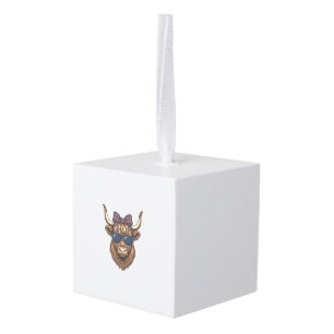 Patriotic Highland Cow Vintage Engraving Design_1 Cube Ornament