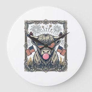 Patriotic Highland Cow Vintage Engraving Design_1 Large Clock