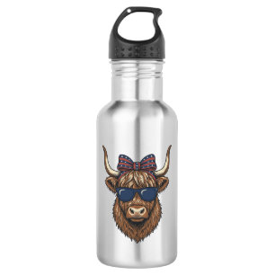 Patriotic Highland Cow Vintage Engraving Design_1 Stainless Steel Water Bottle