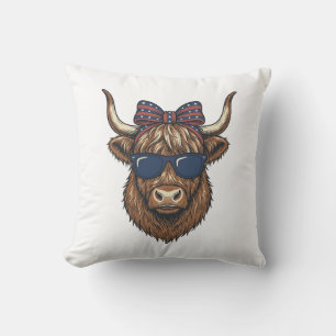 Patriotic Highland Cow Vintage Engraving Design_1 Throw Pillow