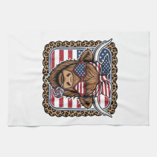 Patriotic Highland Cow Vintage Engraving Design (2 Kitchen Towel
