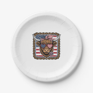 Patriotic Highland Cow Vintage Engraving Design (2 Paper Plates