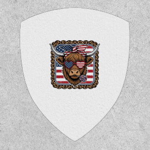 Patriotic Highland Cow Vintage Engraving Design (2 Patch