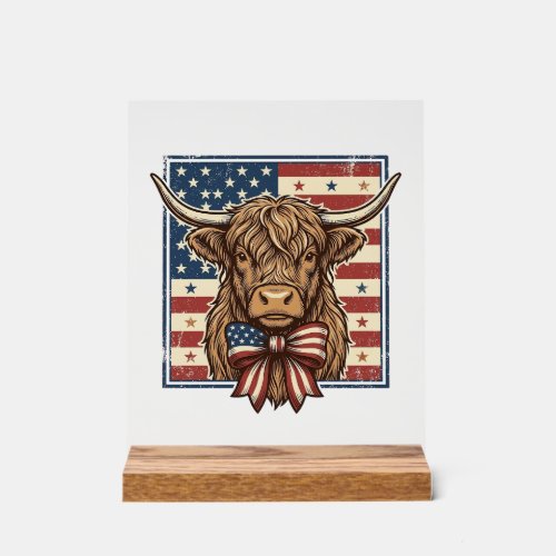 Patriotic Highland Cow Vintage Engraving Shirt Des Acrylic Sign