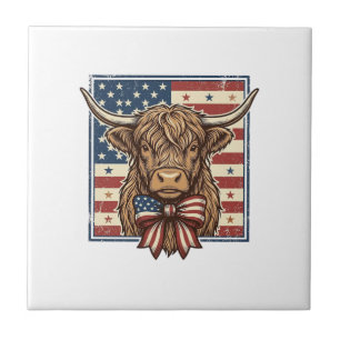 Patriotic Highland Cow Vintage Engraving Shirt Des Ceramic Tile