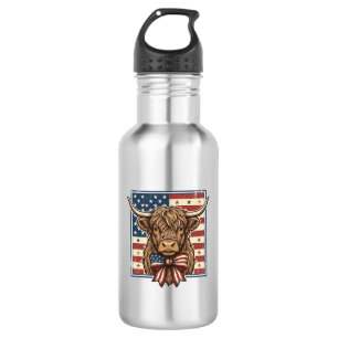 Patriotic Highland Cow Vintage Engraving Shirt Des Stainless Steel Water Bottle