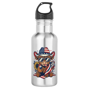 Patriotic Highland Cow Vintage Engraving Shirt Des Stainless Steel Water Bottle