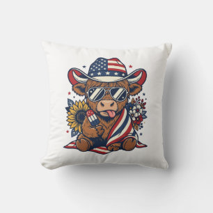 Patriotic Highland Cow Vintage Engraving Shirt Des Throw Pillow