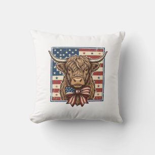 Patriotic Highland Cow Vintage Engraving Shirt Des Throw Pillow