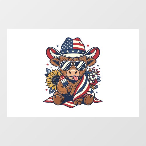Patriotic Highland Cow Vintage Engraving Shirt Des Window Cling