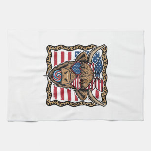 Patriotic Highland Cow Vintage Flag Graphic_1 Kitchen Towel