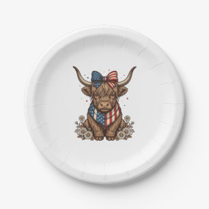Patriotic Highland Cow Vintage Paper Plates