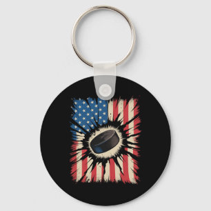 Patriotic Hockey 4th Of July Vintage American Flag Keychain