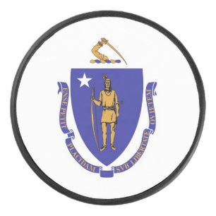 Patriotic hockey puck with flag of Massachusetts