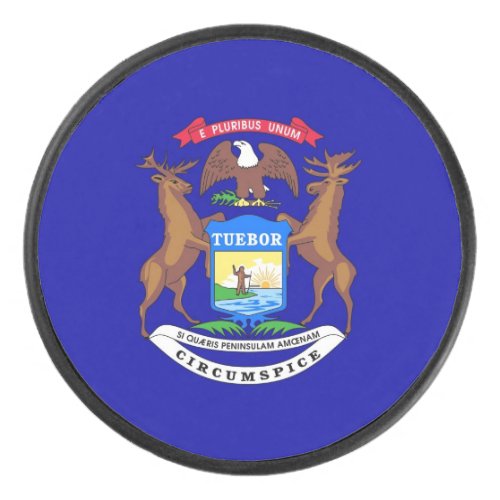 Patriotic hockey puck with flag of Michigan