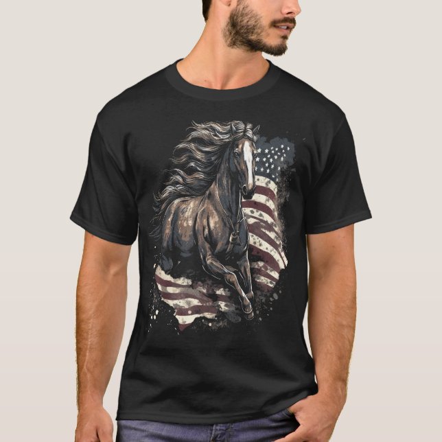 Patriotic Horse American Flag Horseback Riding Wes T-Shirt (Front)