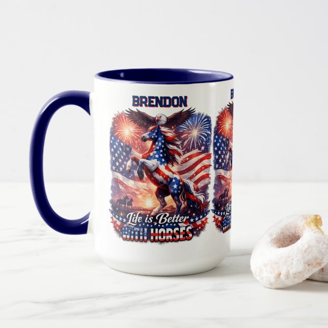 Patriotic Horse American Flag Sunset Equestrian  Mug (With Donut)