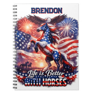 Patriotic Horse American Flag Sunset Equestrian Notebook