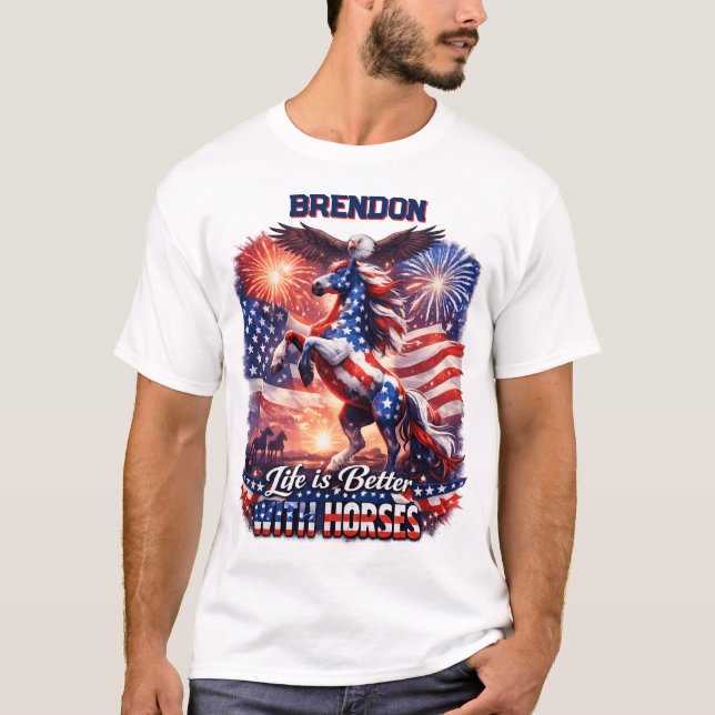 Patriotic Horse American Flag Sunset Equestrian  T-Shirt (Front)