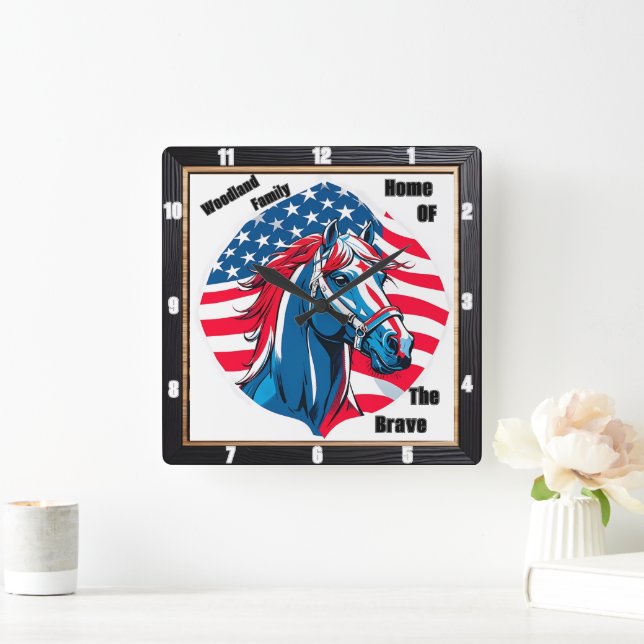 Patriotic Horse Family American Flag  Square Wall Clock (Home)