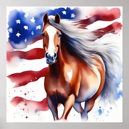 Patriotic Horse with US Flag Watercolor Poster