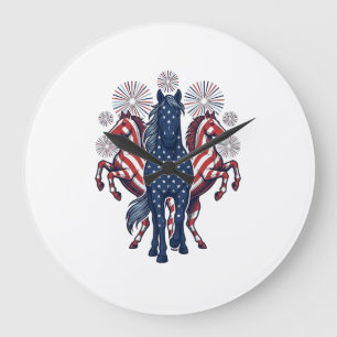 Patriotic Horses Vintage Fireworks Vector Design Large Clock