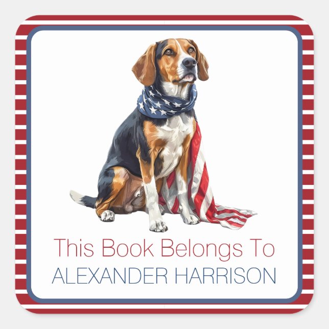 Patriotic Hound Dog Personalized Bookplate (Front)