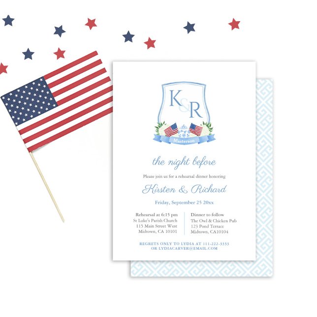 Patriotic Hydrangea Crest Wedding Rehearsal Dinner Invitation (Red White And Blue Watercolor Crest Wedding Rehearsal And Welcome Dinner Invitation)