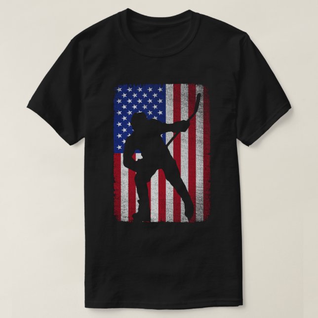 Patriotic Ice Hockey 4th of July USA American Flag T-Shirt (Design Front)