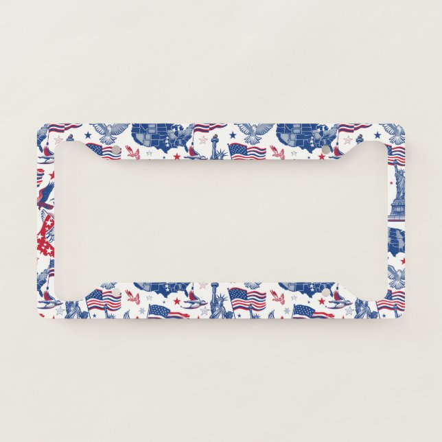 Patriotic Icons Pattern – Statue of Liberty, Flag License Plate Frame (Front)