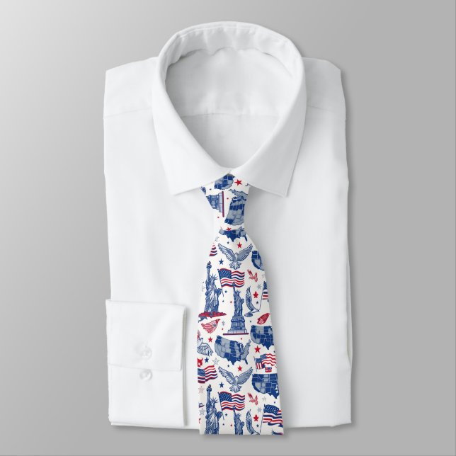 Patriotic Icons Pattern – Statue of Liberty, Flag Neck Tie (Tied)
