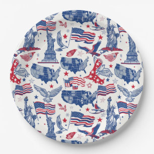 Patriotic Icons Pattern – Statue of Liberty, Flag Paper Plates