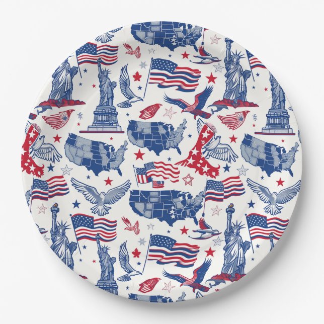 Patriotic Icons Pattern – Statue of Liberty, Flag Paper Plates (Front)