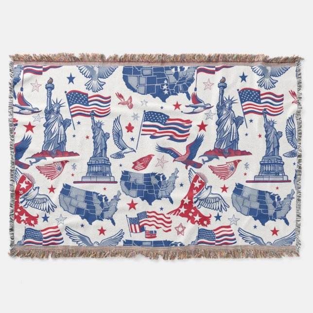 Patriotic Icons Pattern – Statue of Liberty, Flag Throw Blanket (Front)