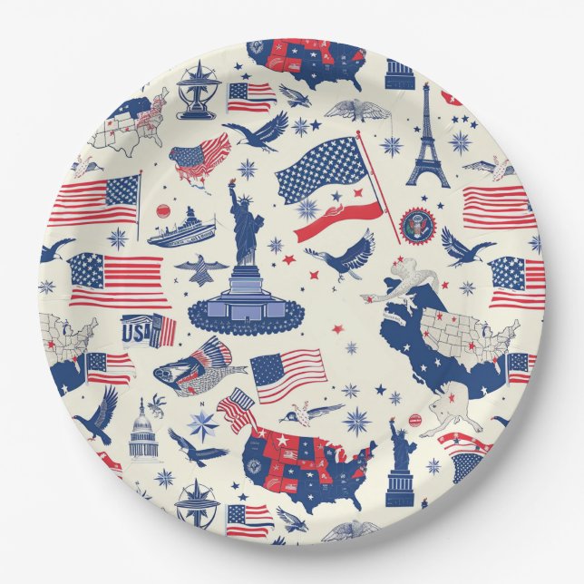 Patriotic Icons - Statue of Liberty, Flag (2) Paper Plates (Front)