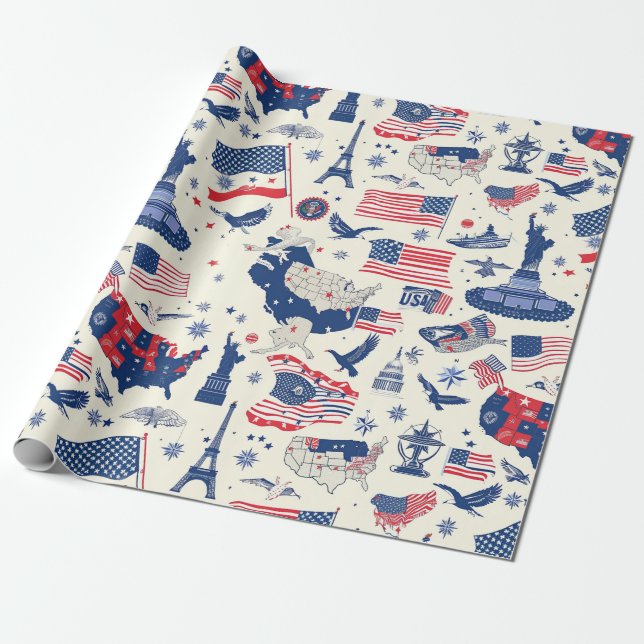 Patriotic Icons - Statue of Liberty, Flag (2) Wrapping Paper (Unrolled)