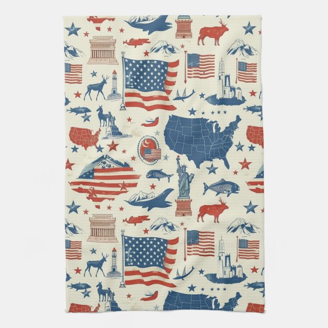 Patriotic Icons - Statue of Liberty, Flag (3) Kitchen Towel (Vertical)