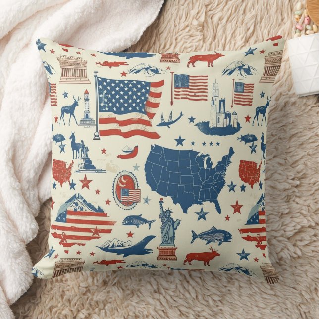Patriotic Icons - Statue of Liberty, Flag (3) Throw Pillow (Blanket)