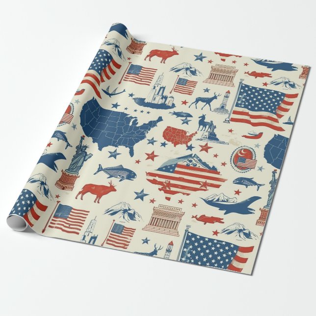 Patriotic Icons - Statue of Liberty, Flag (3) Wrapping Paper (Unrolled)