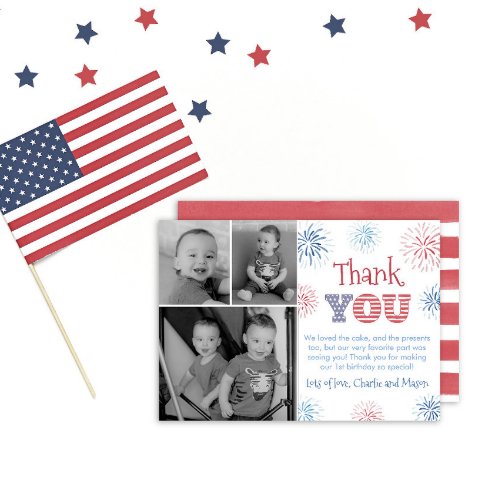 Patriotic Independence Day Fireworks Twins Photo Thank You Card
