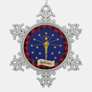 Patriotic Indiana, buffalo plaid, Indiana Flag Snowflake Pewter Christmas Ornament