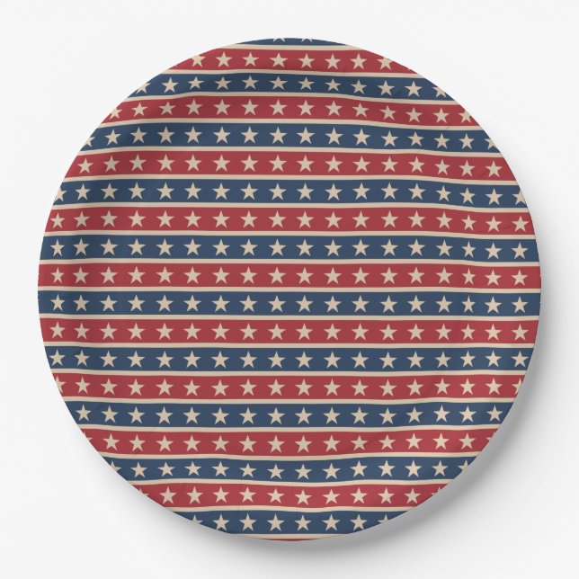 Patriotic July 4th Memorial Day Red Blue Stars Paper Plates (Front)
