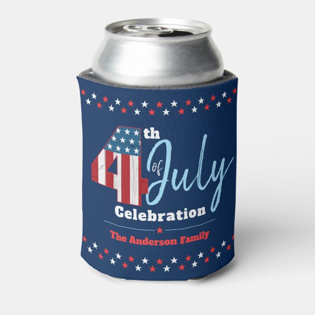 Patriotic July 4th Red White Blue USA Flag Stars Can Cooler (Can Back)