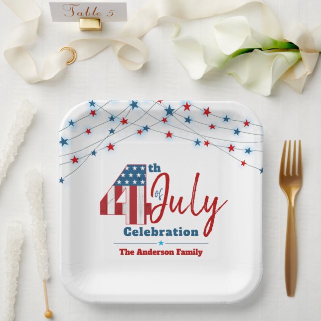Patriotic July 4th Red White Blue USA Flag Stars Paper Plates (Wedding)