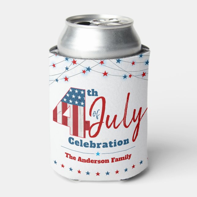 Patriotic July 4th USA Flag Red White Blue Stars Can Cooler (Can Front)