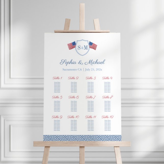 Patriotic July 4th Wedding 12 Tables Seating Chart Foam Board (Patriotic 12 tables wedding seating chart featuring simple monogram crest with USA flags)