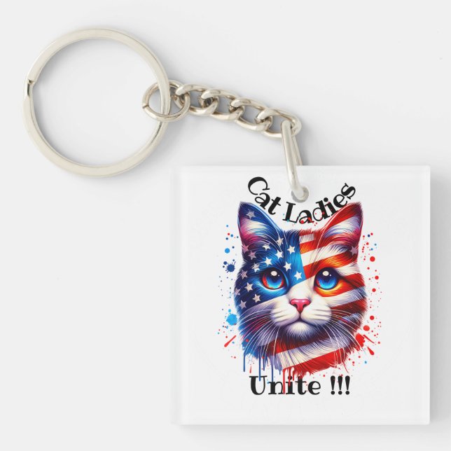 Patriotic Kamala Cat Ladies Unite Walz  Keychain (Front)