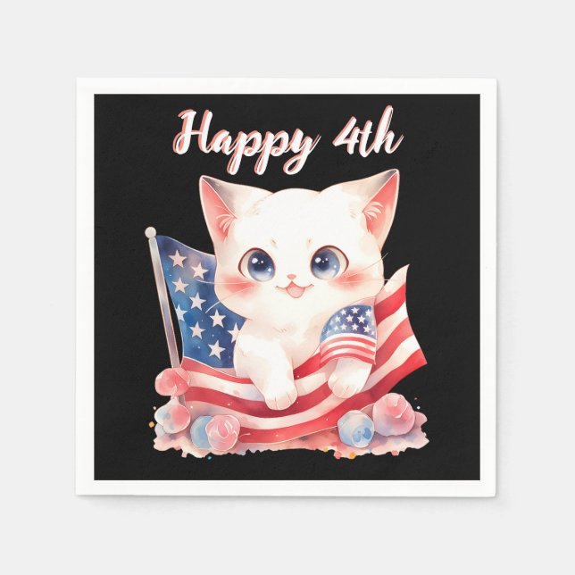 Patriotic Kitten 4th of July Happy 4th Custom Napkins (Front)